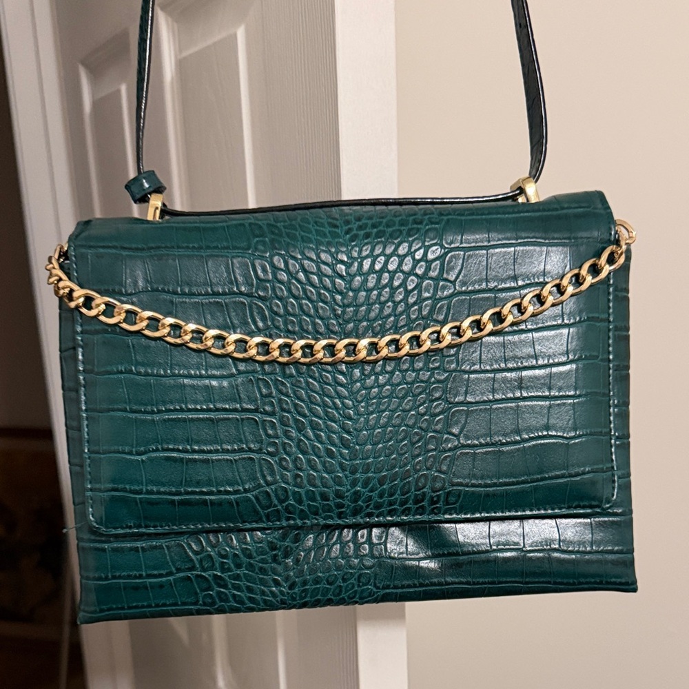 a new day Teal Crocodile-Embossed Shoulder Bag with Gold Chain